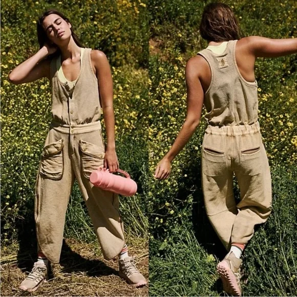Free People movement Beige Timko Jumpsuit, small. Worn 1x, smoke, pet free home - Picture 1 of 5